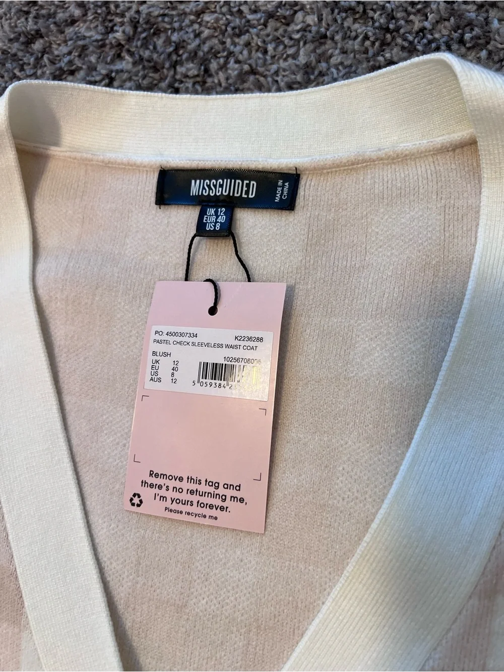 Sweater Vest Check Knit Cardigan Vest - Cream & Beige NWT Missguided Size 8/M - Picture 2 of 3
